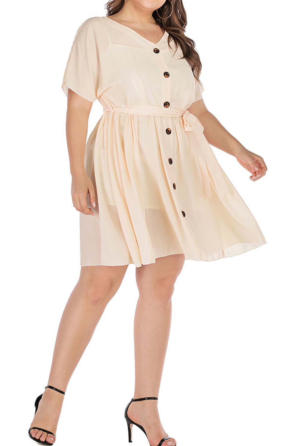 Women Plus V-Neck Button Decorated Waist Strap Dress