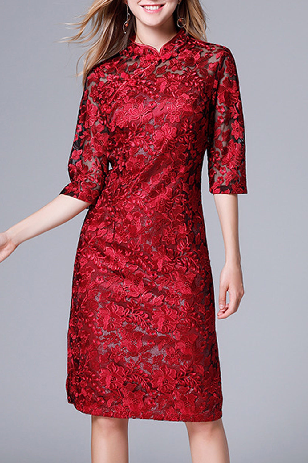 Women High Neck Flower Lace Elbow Sleeve Elegant Dress