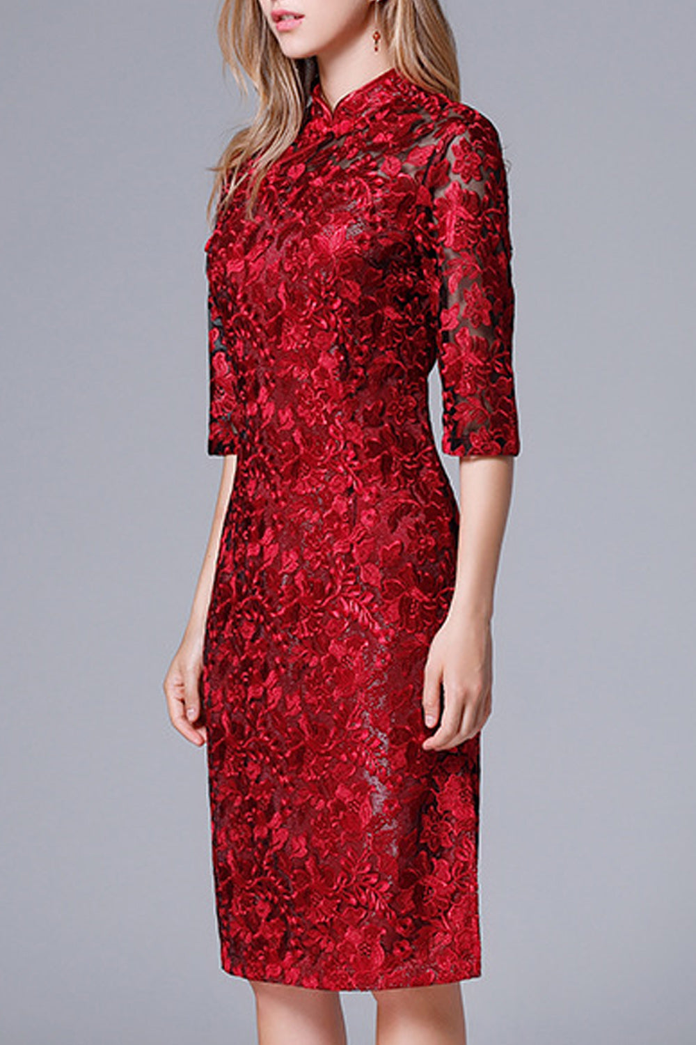 Women High Neck Flower Lace Elbow Sleeve Elegant Dress