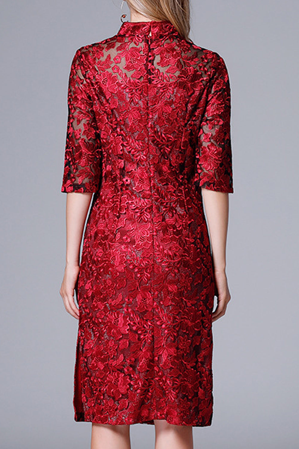 Women High Neck Flower Lace Elbow Sleeve Elegant Dress