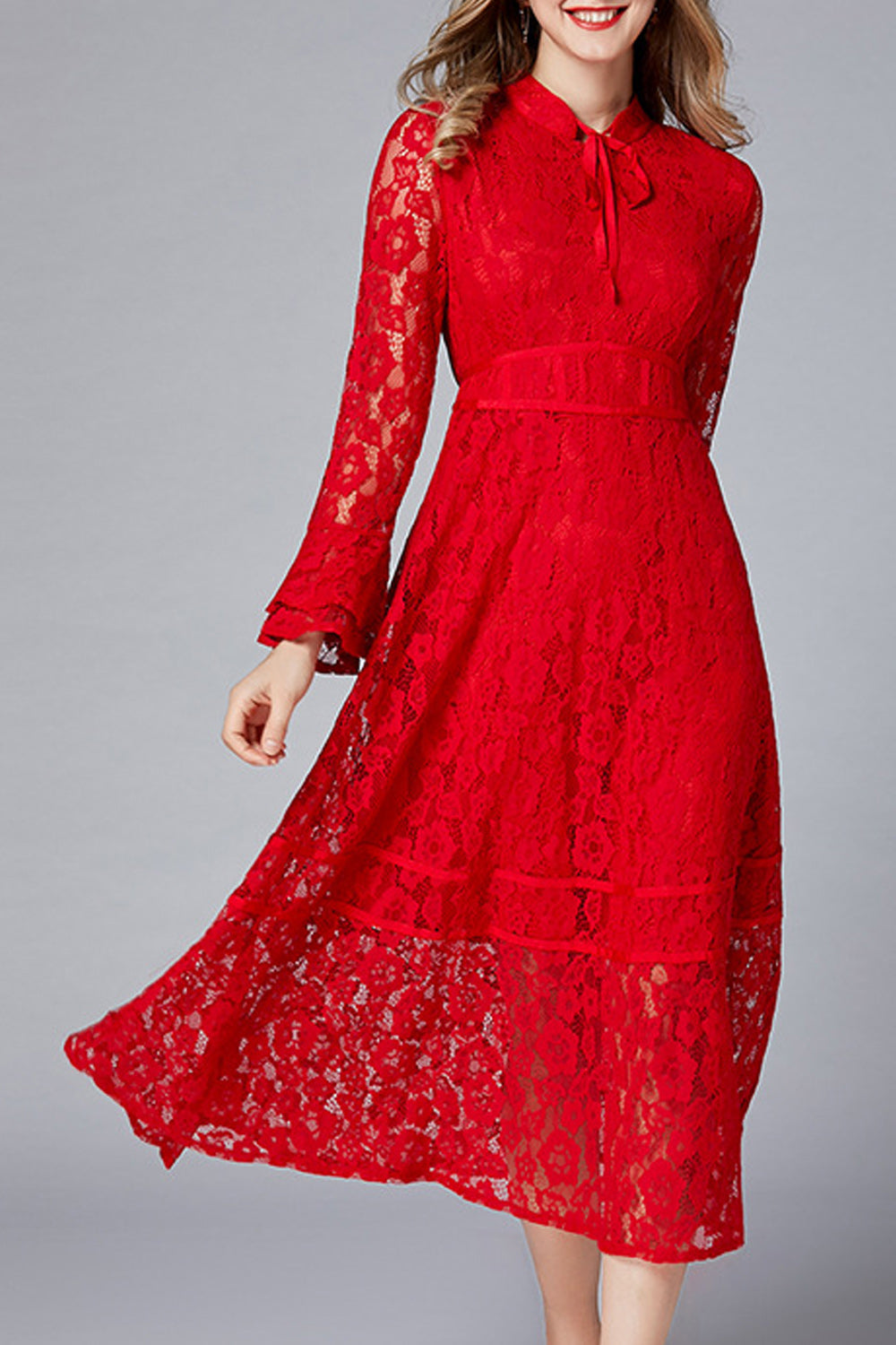 Women Awesome Red Color Floral Lace Pattern Flare Sleeve Dress