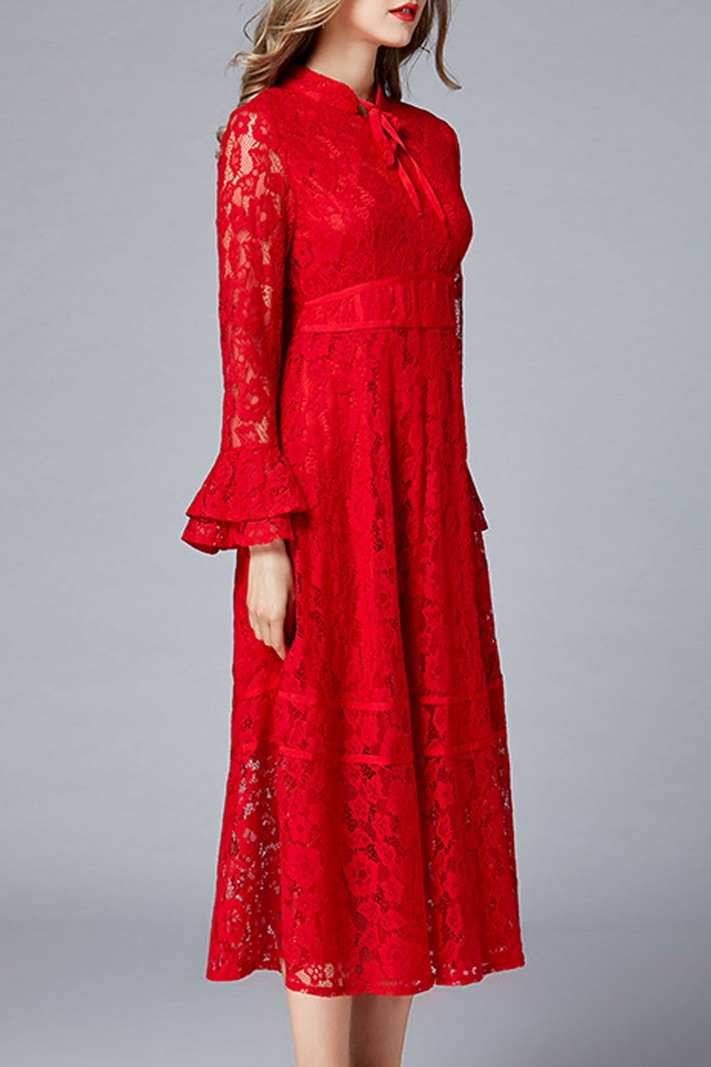 Women Awesome Red Color Floral Lace Pattern Flare Sleeve Dress