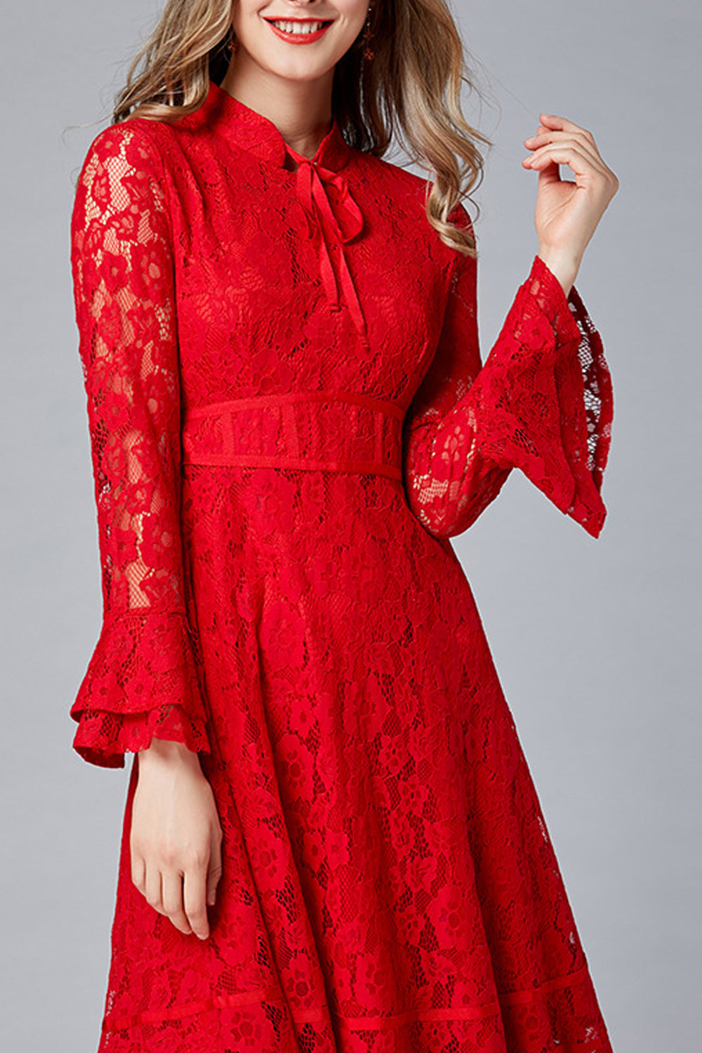 Women Awesome Red Color Floral Lace Pattern Flare Sleeve Dress