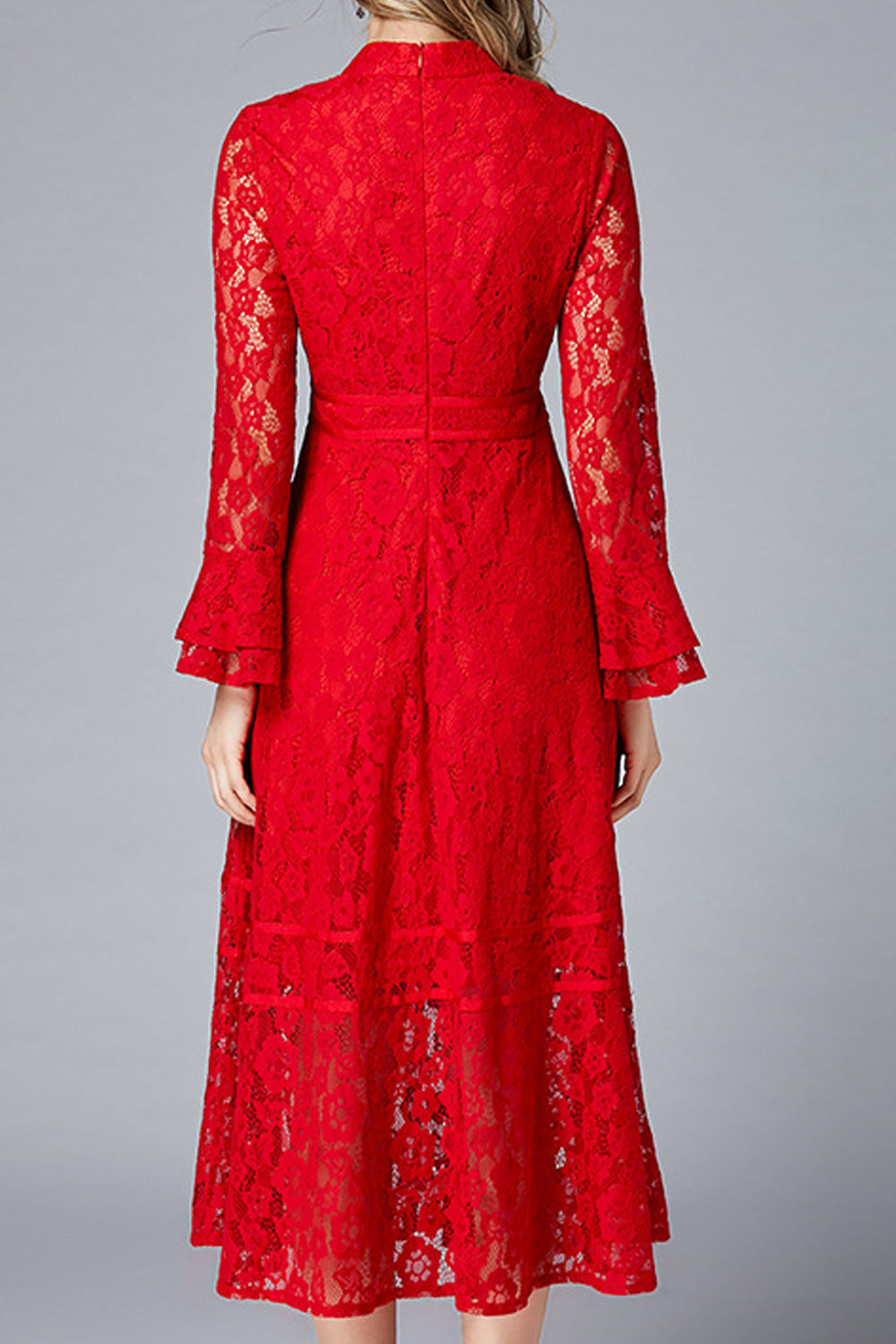 Women Awesome Red Color Floral Lace Pattern Flare Sleeve Dress