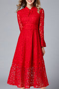 Women Awesome Red Color Floral Lace Pattern Flare Sleeve Dress