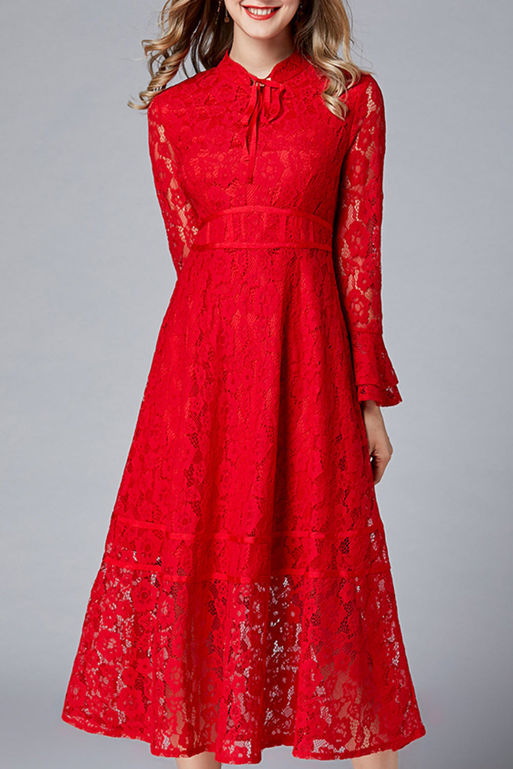 Women Awesome Red Color Floral Lace Pattern Flare Sleeve Dress