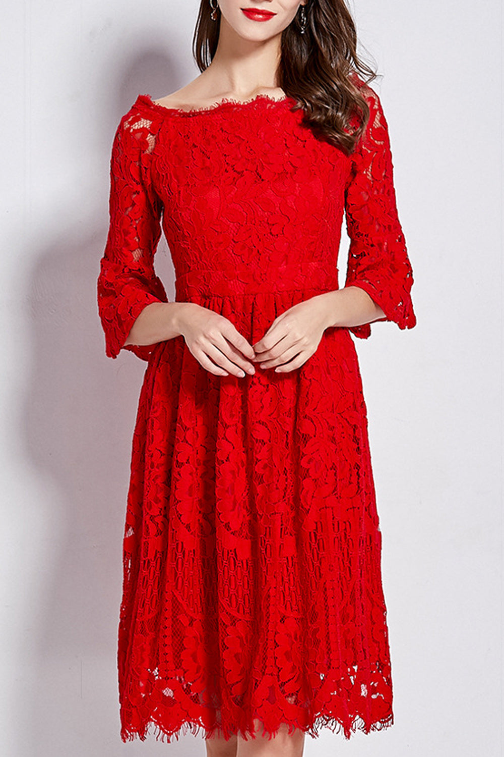 Women Floral Lace Pattern Flare Sleeve Solid Color Dress