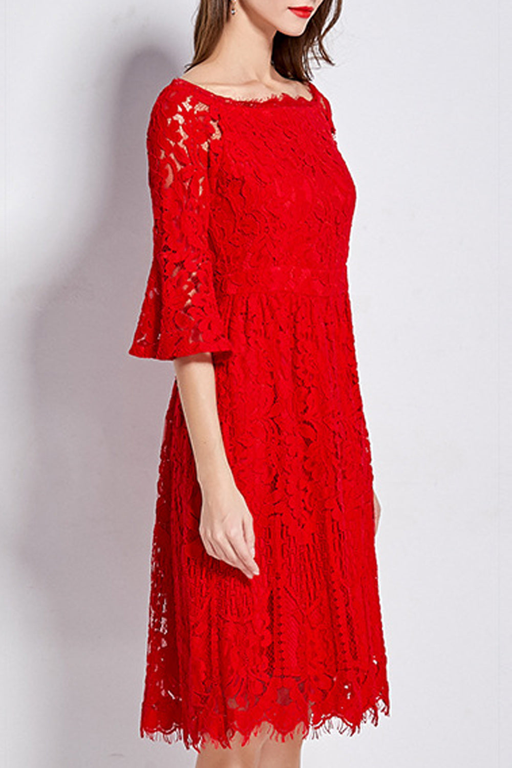Women Floral Lace Pattern Flare Sleeve Solid Color Dress