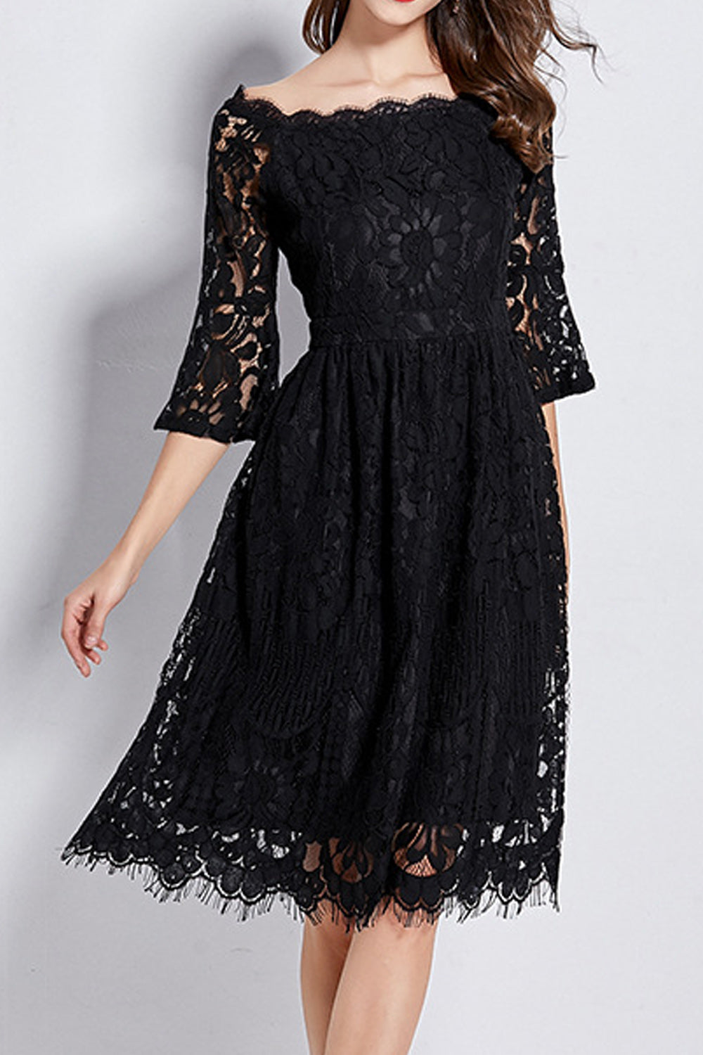Women Floral Lace Pattern Flare Sleeve Solid Color Dress