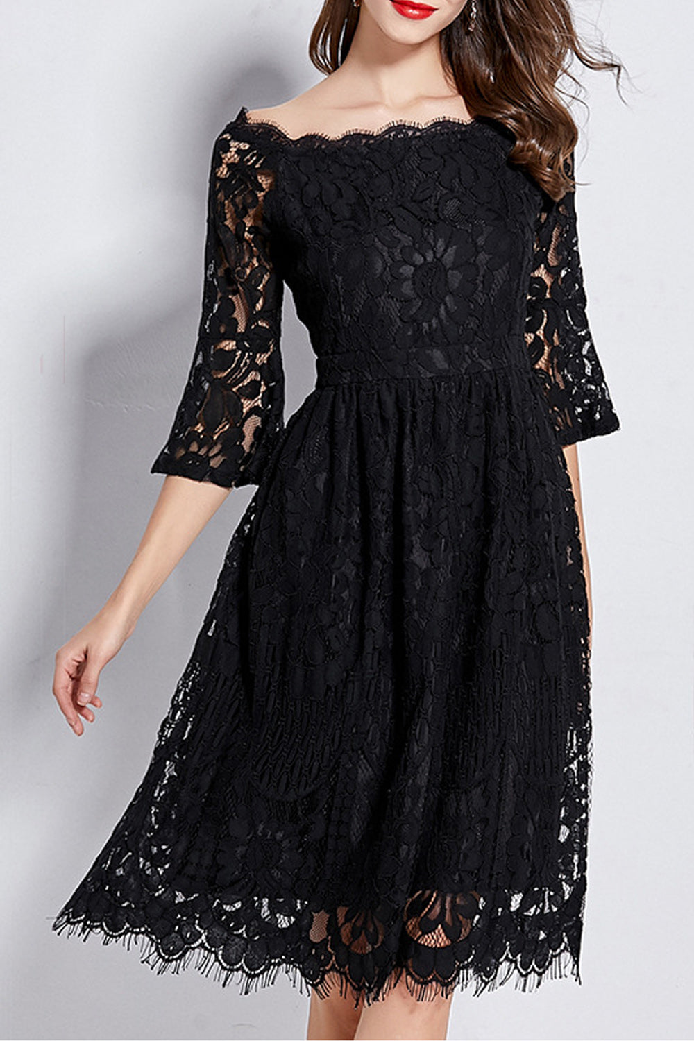 Women Floral Lace Pattern Flare Sleeve Solid Color Dress