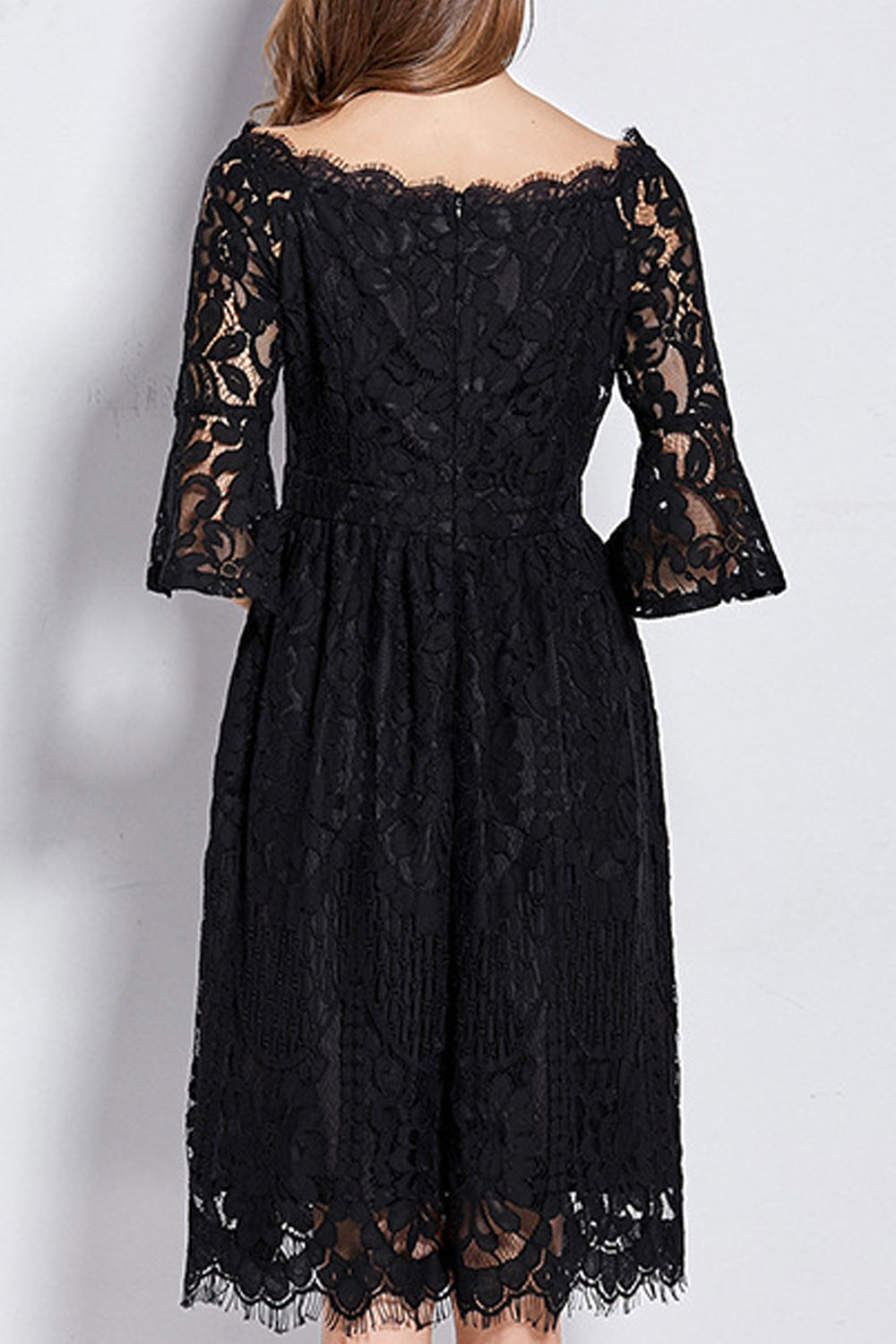 Women Floral Lace Pattern Flare Sleeve Solid Color Dress