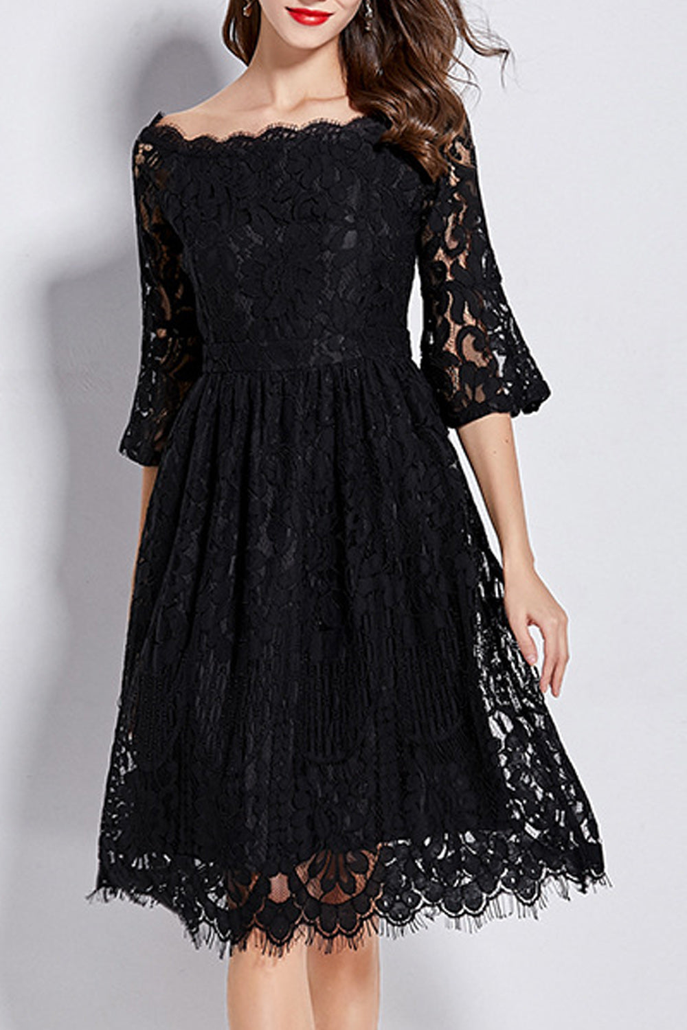 Women Floral Lace Pattern Flare Sleeve Solid Color Dress