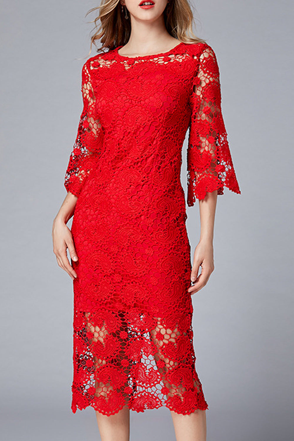 Women Charming Round Neck Solid Color Floral Lace Pattern Dress