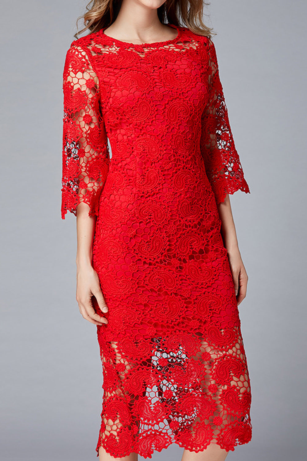 Women Charming Round Neck Solid Color Floral Lace Pattern Dress
