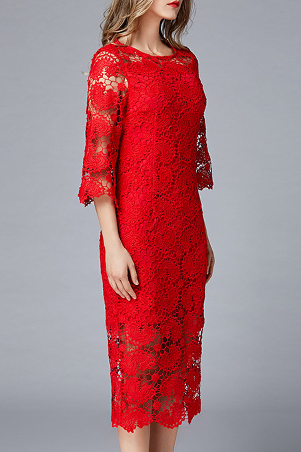 Women Charming Round Neck Solid Color Floral Lace Pattern Dress