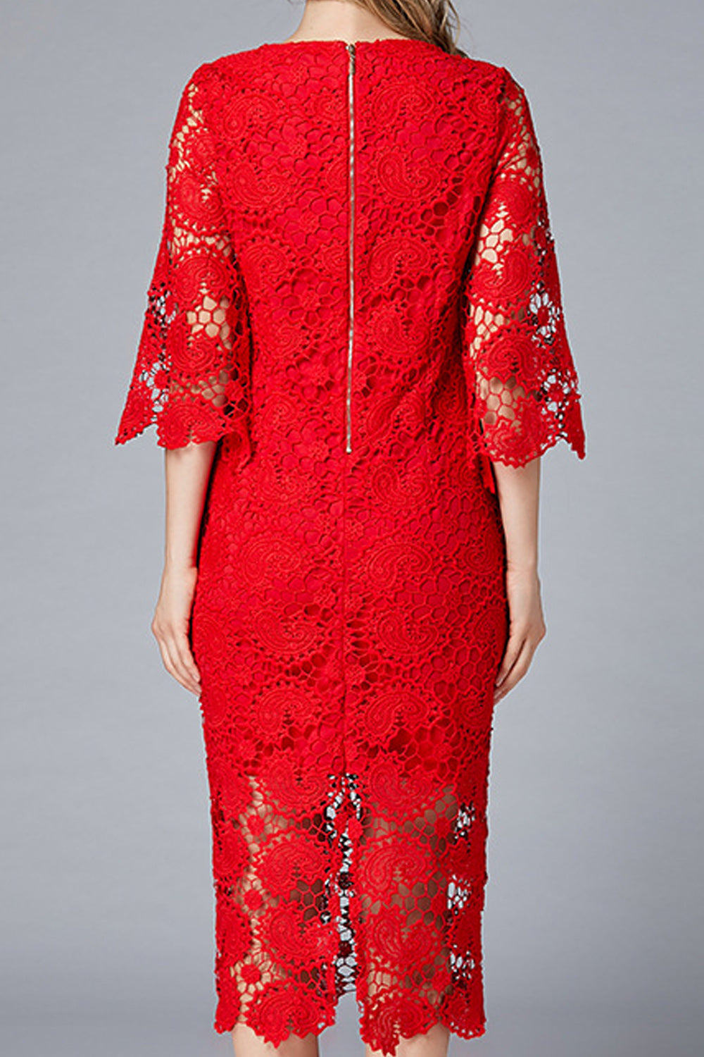 Women Charming Round Neck Solid Color Floral Lace Pattern Dress