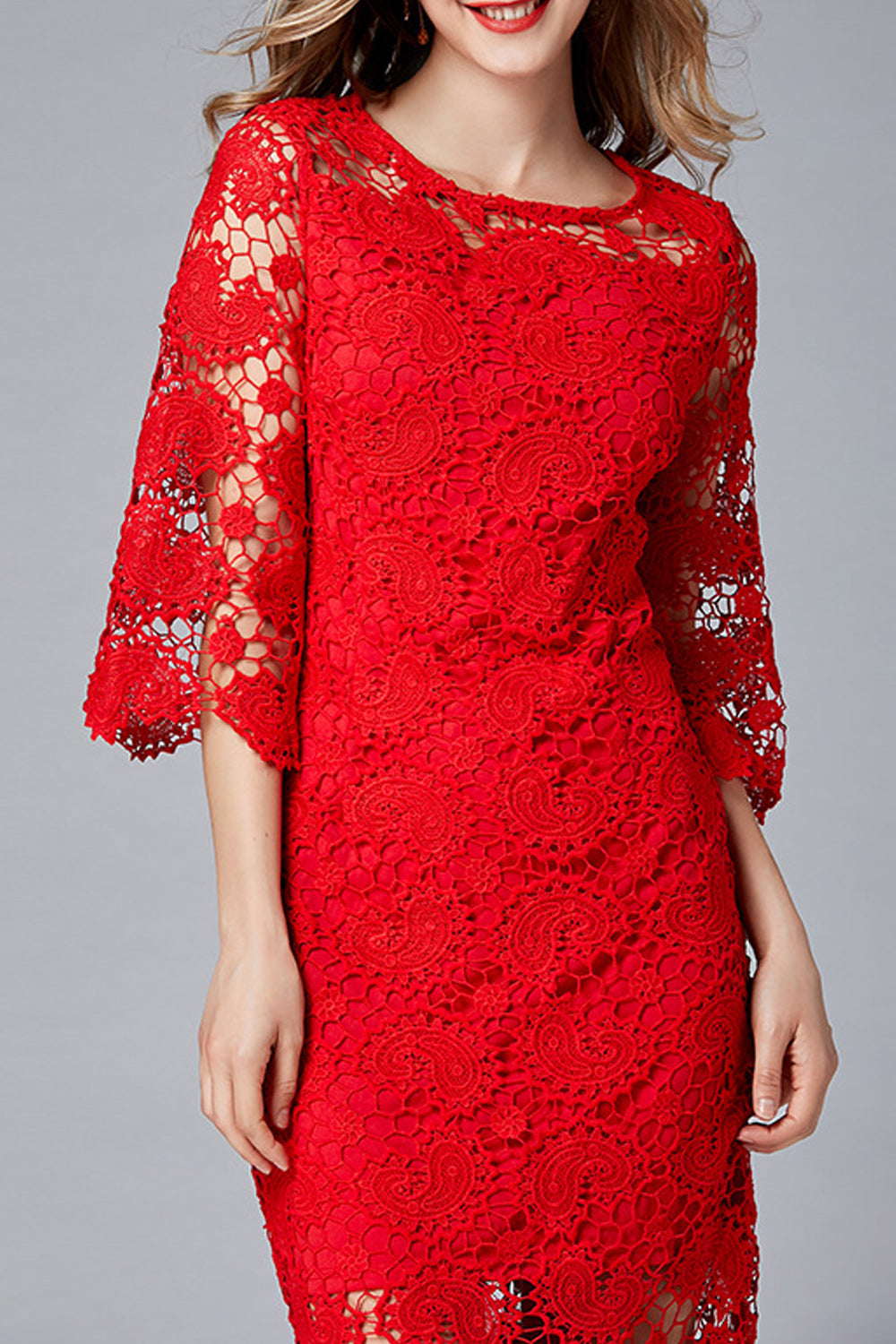 Women Charming Round Neck Solid Color Floral Lace Pattern Dress