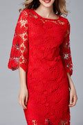 Women Charming Round Neck Solid Color Floral Lace Pattern Dress