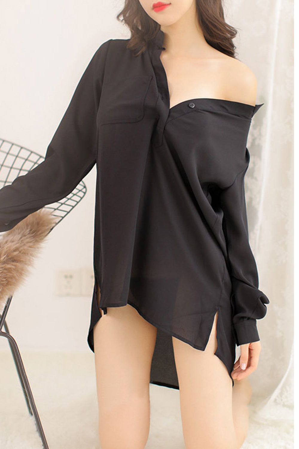 Women Collar Neck Breathable Long Sleeve Pocket Styled Lingerie