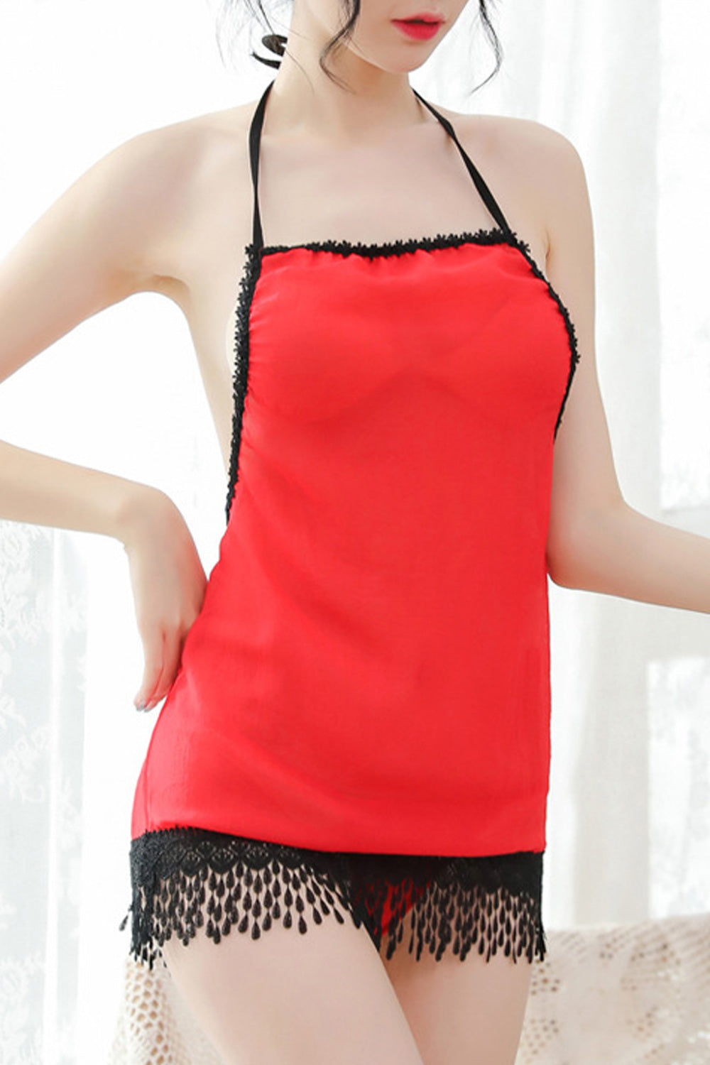 Women Lace Hem Thin Tie Knot Neck Easy Lingerie