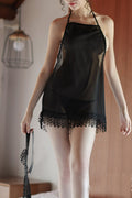 Women Lace Hem Thin Tie Knot Neck Easy Lingerie