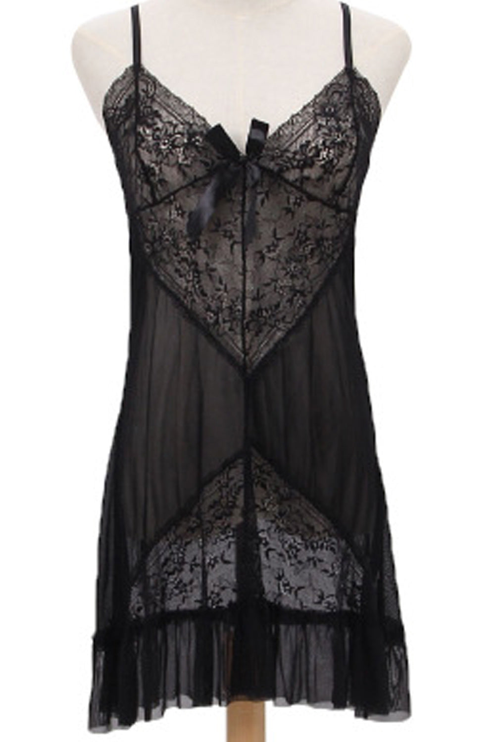 Women Ruffled Hem Ribbon Attached Adjustable Strap Neck Thin Lingerie