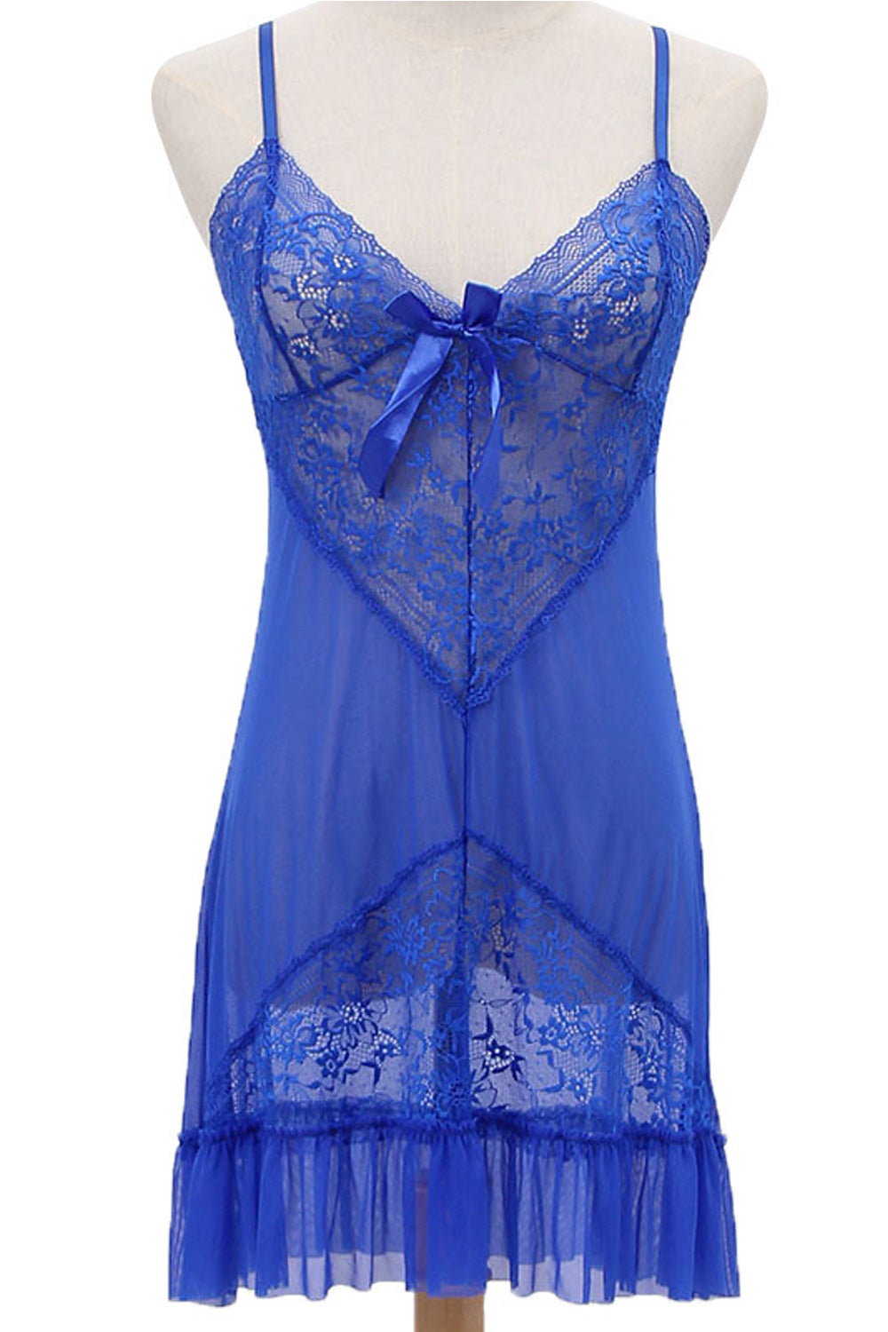 Women Ruffled Hem Ribbon Attached Adjustable Strap Neck Thin Lingerie