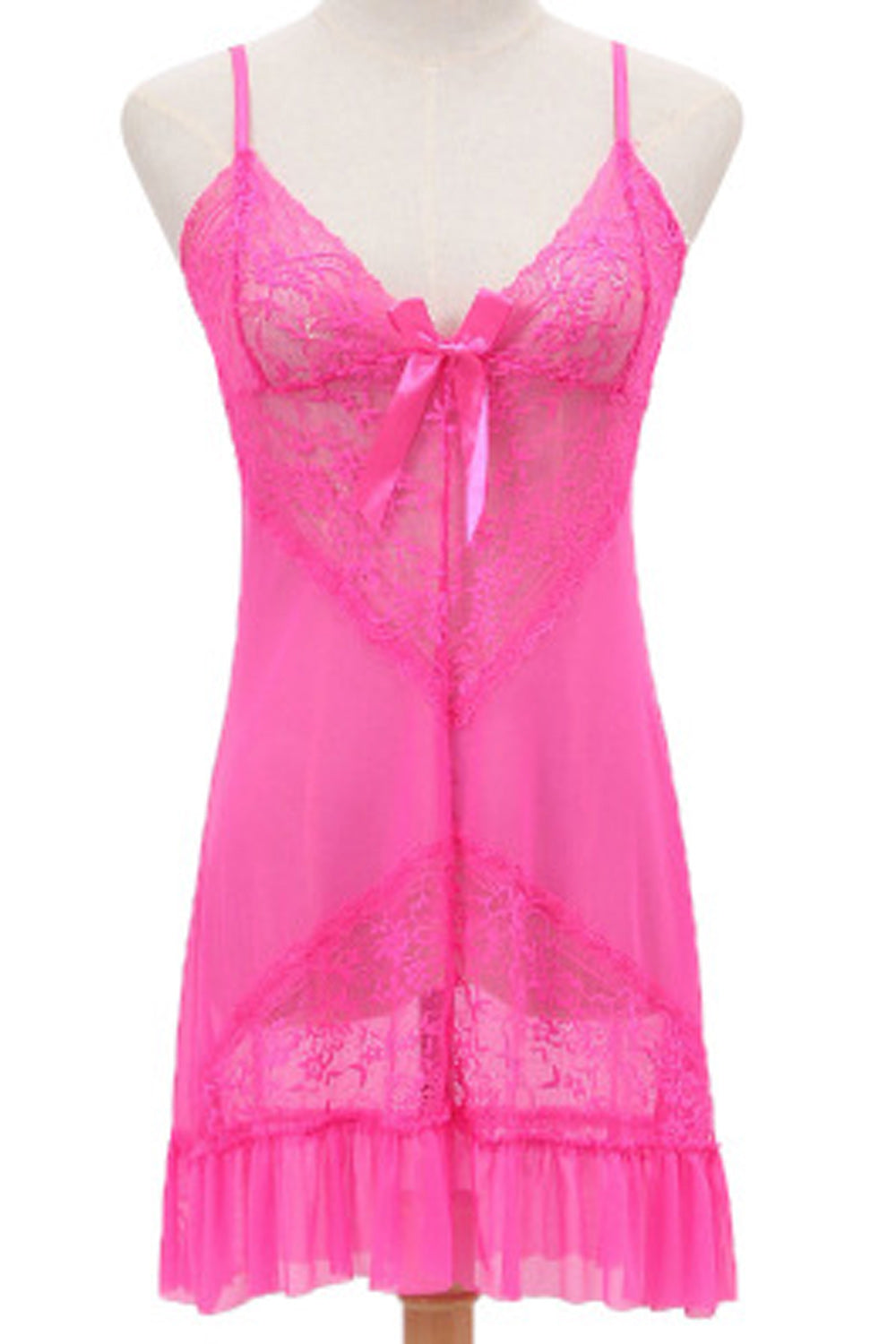 Women Ruffled Hem Ribbon Attached Adjustable Strap Neck Thin Lingerie
