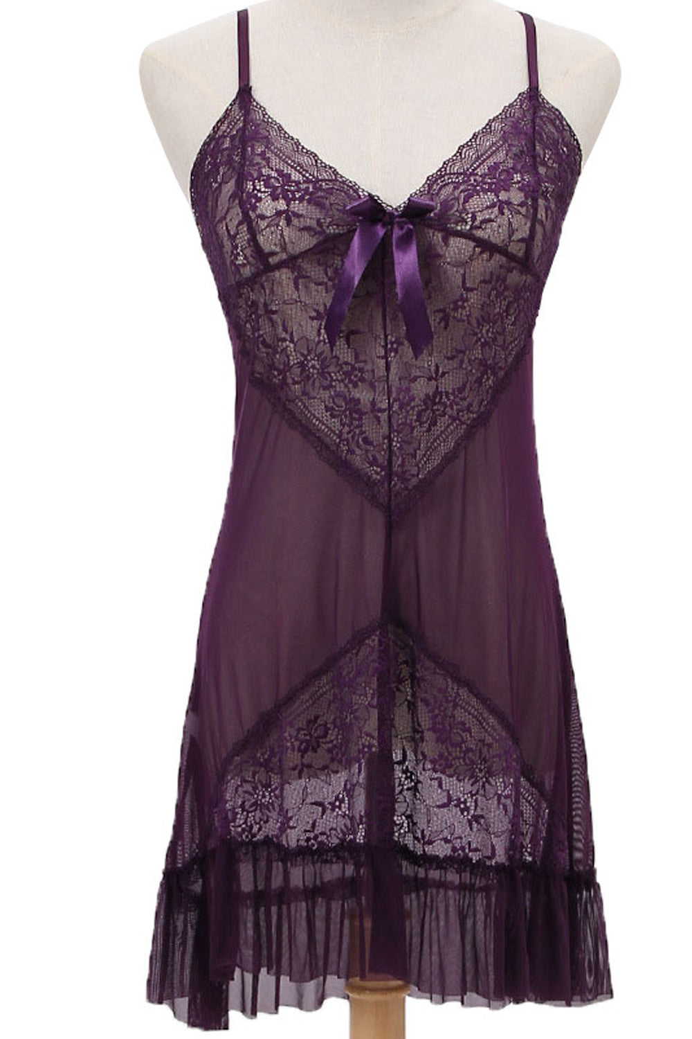 Women Ruffled Hem Ribbon Attached Adjustable Strap Neck Thin Lingerie