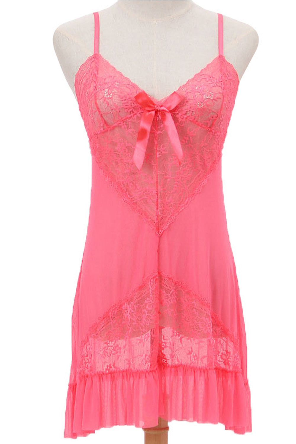 Women Ruffled Hem Ribbon Attached Adjustable Strap Neck Thin Lingerie