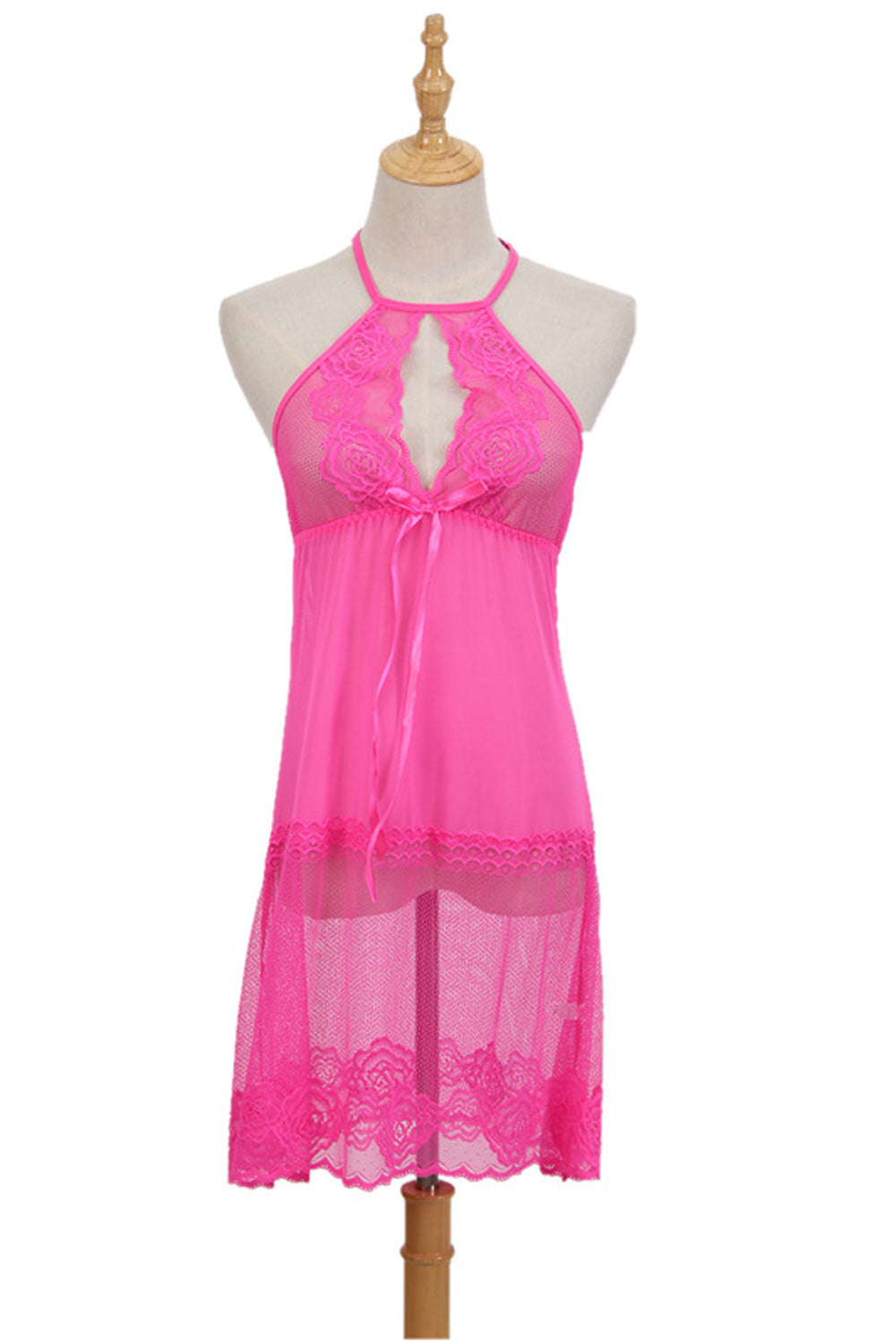 Women Cool Front Open Tie Knot Neck Lace Hem Solid Colored Lingerie