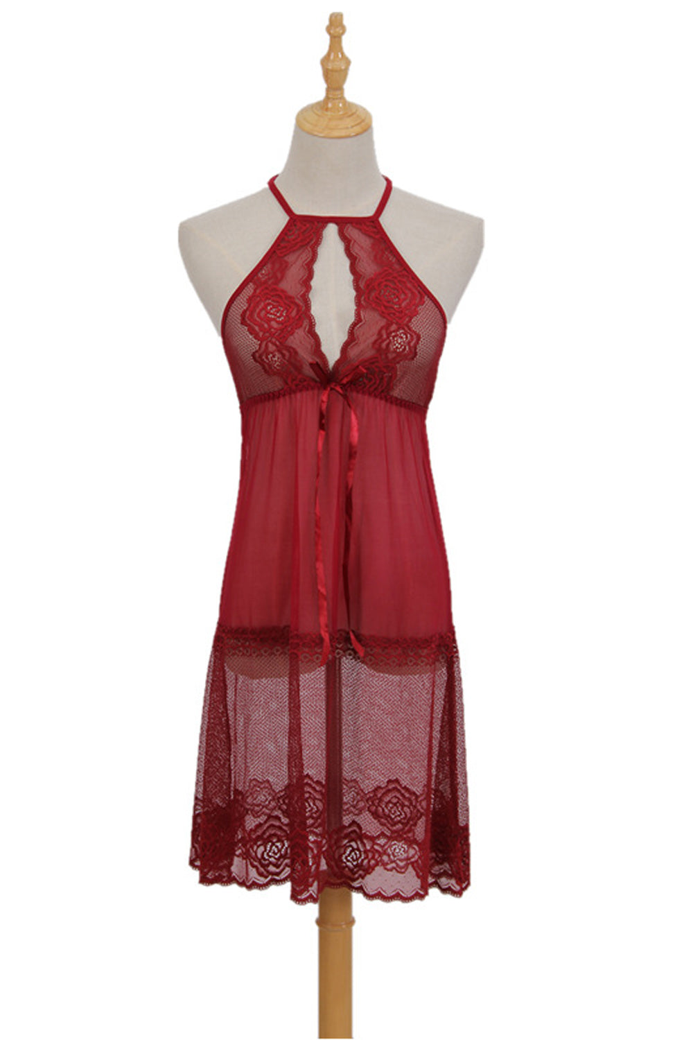 Women Cool Front Open Tie Knot Neck Lace Hem Solid Colored Lingerie