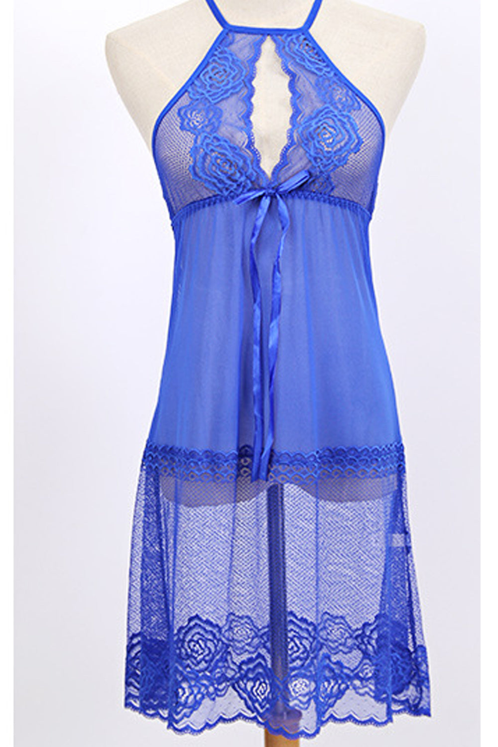 Women Cool Front Open Tie Knot Neck Lace Hem Solid Colored Lingerie
