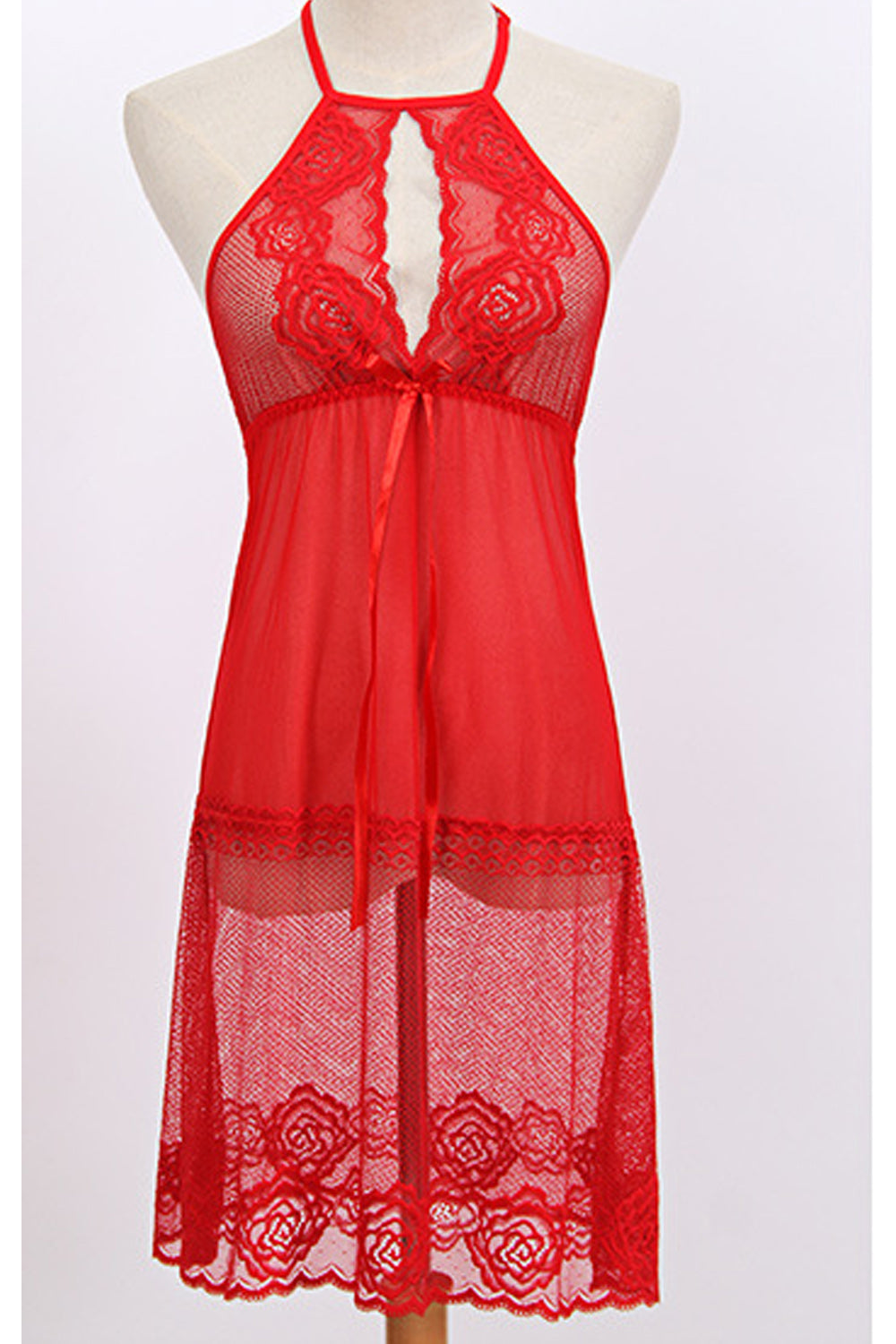 Women Cool Front Open Tie Knot Neck Lace Hem Solid Colored Lingerie
