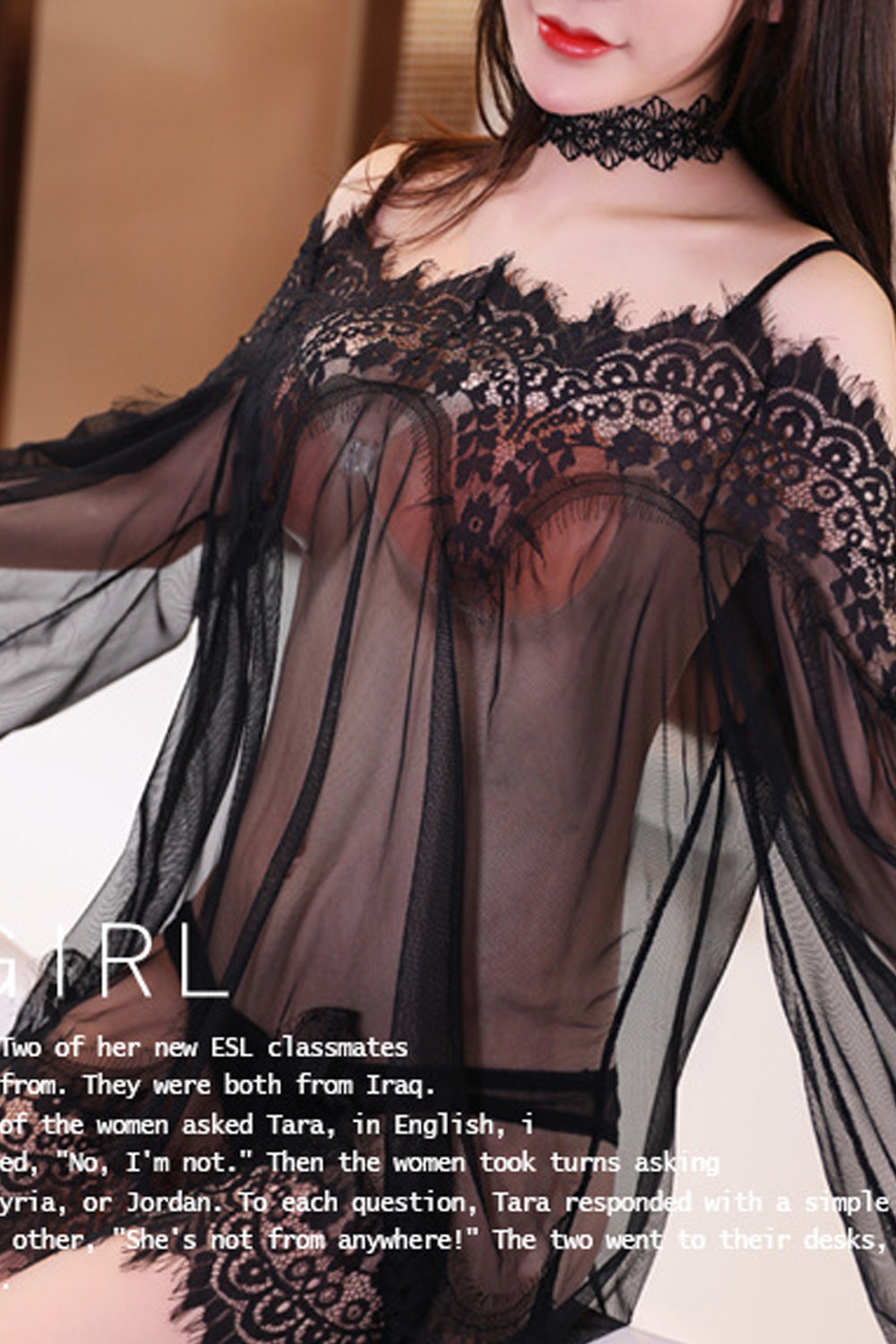 Women Cool Thin Lace Decorated Strap Neck Solid Pattern Lingerie