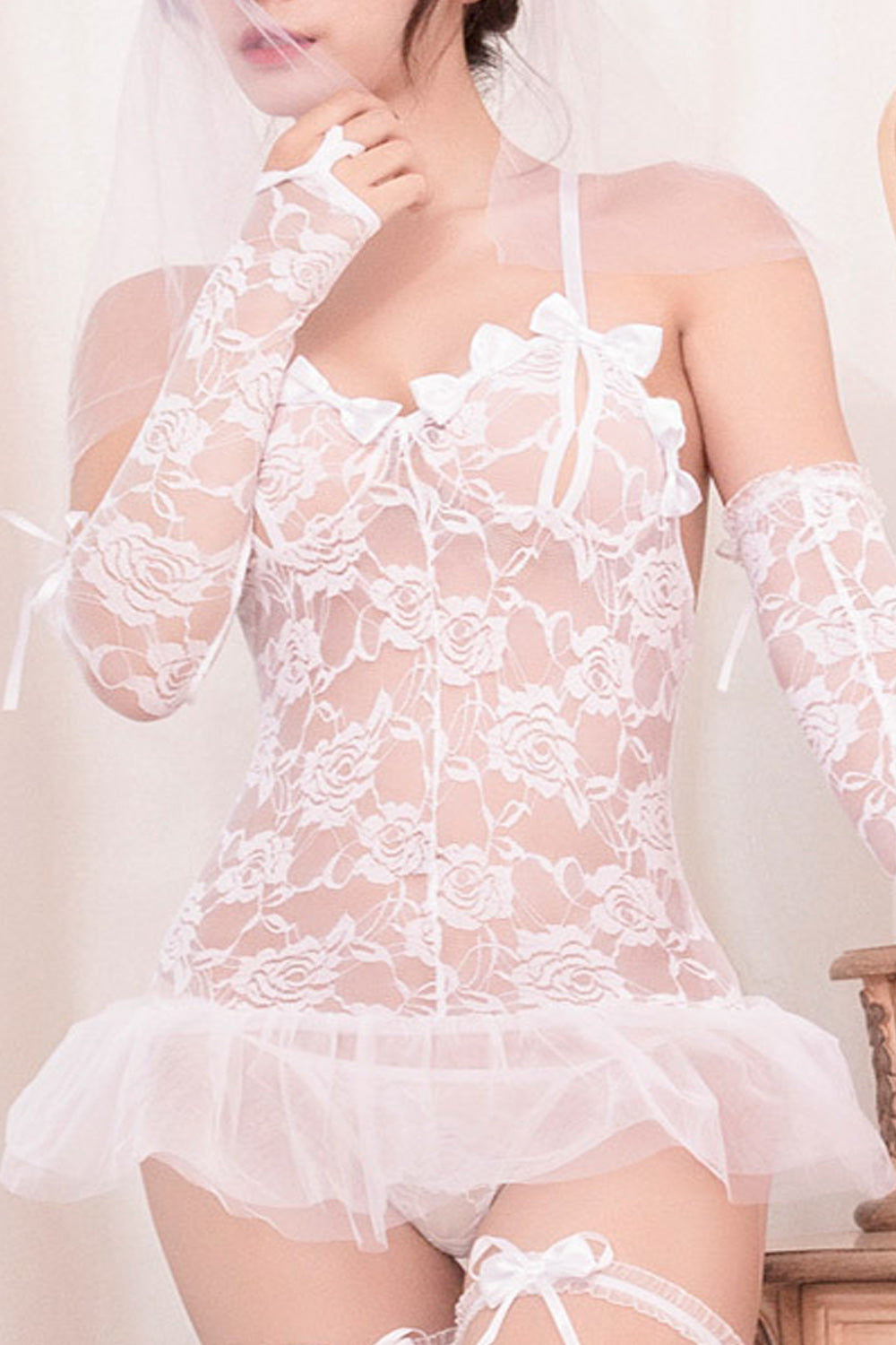 Women Pretty Embroidered Style Ruffled Hem Solid Pattern Lingerie