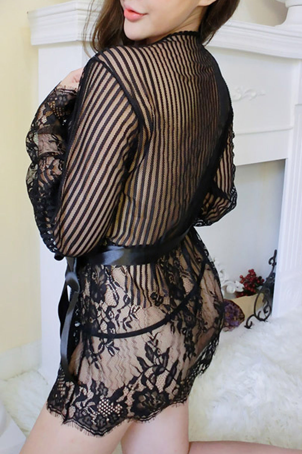 Women Stripe Pattern Long Sleeve Two Piece Fashionable Lingerie