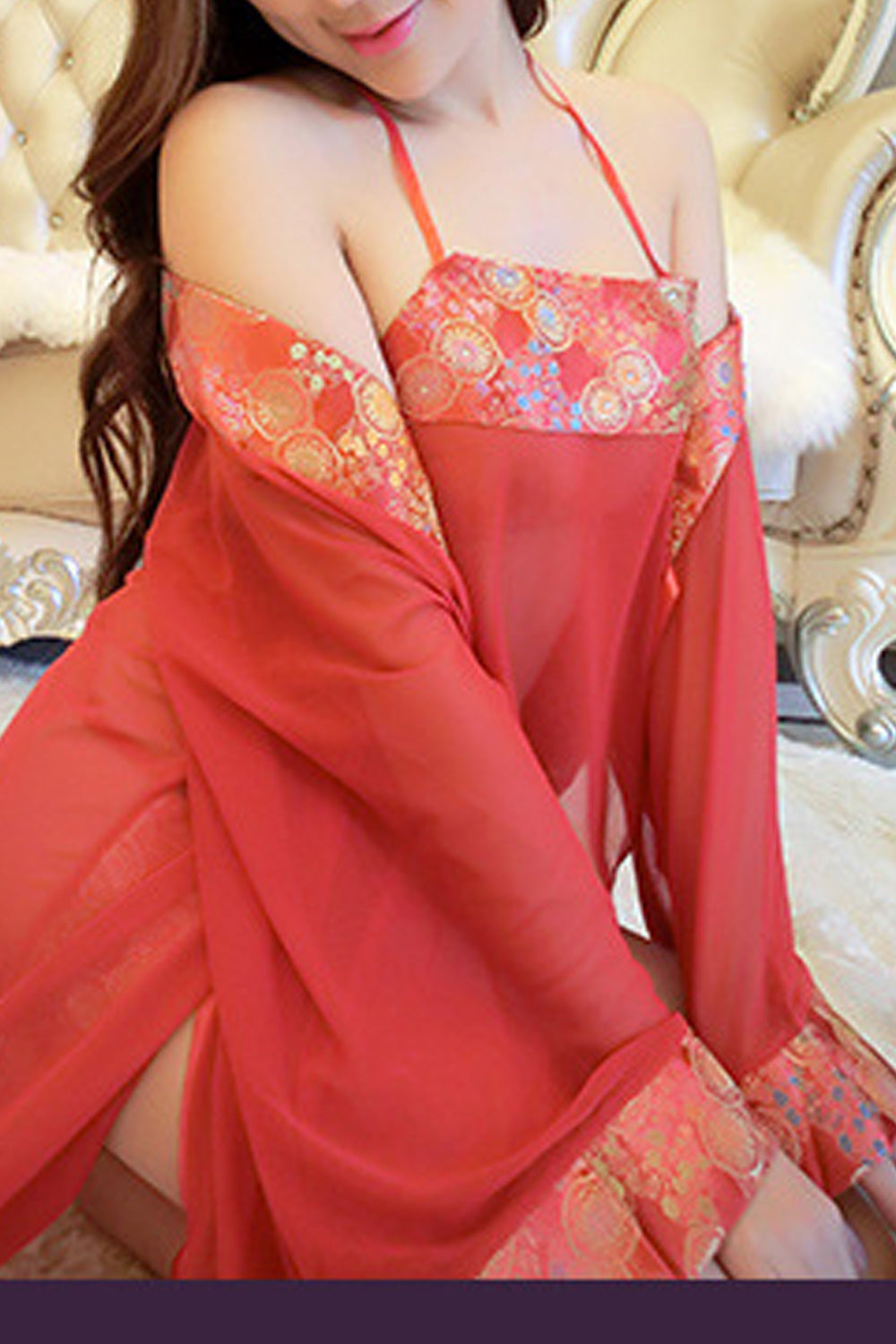 Women Beautiful Printed Style Long Sleeves Tie Waist Comfy Lingerie Set