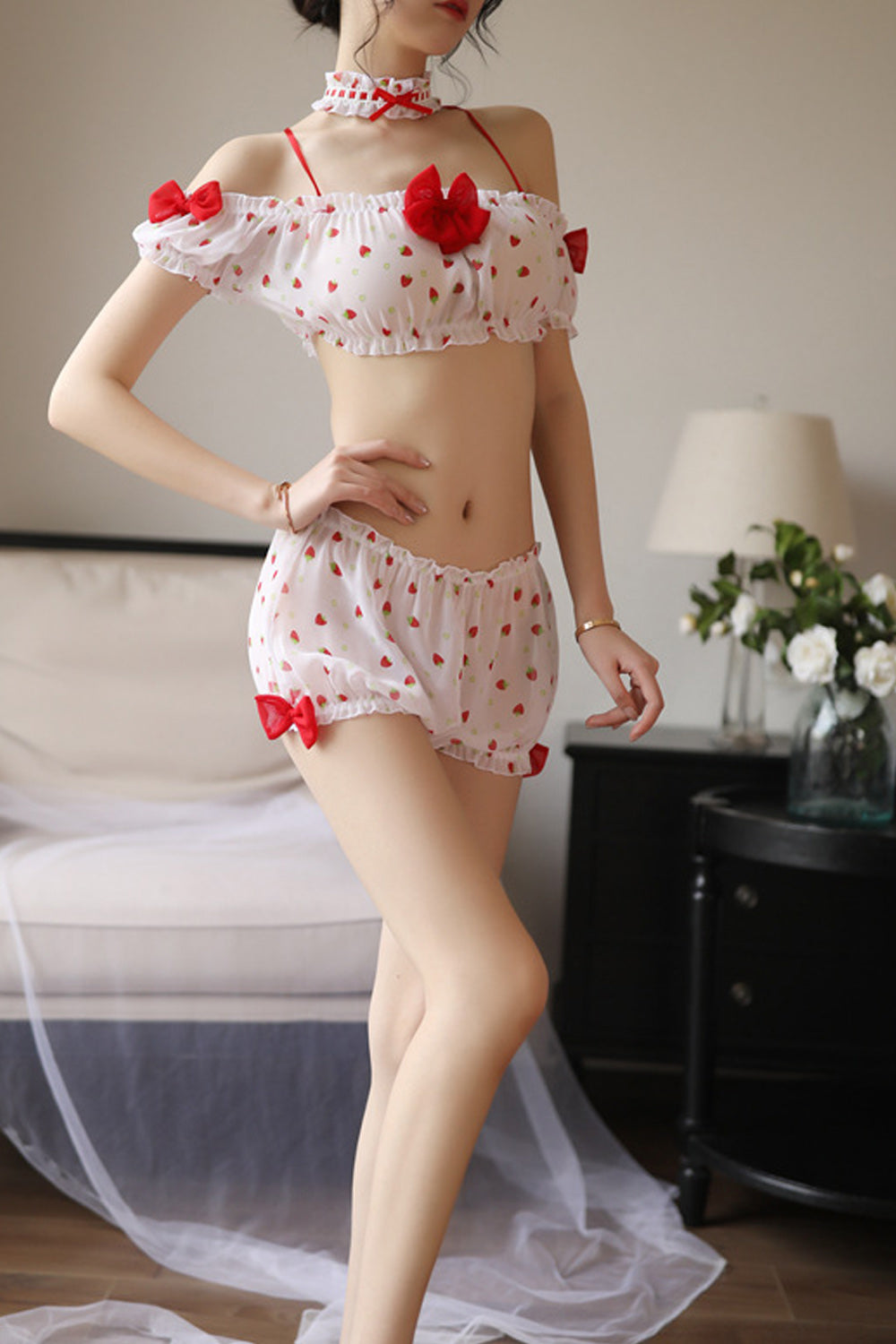 Women Bow Decorated Printed Style Elastic Waist Comfy Two Piece Lingerie