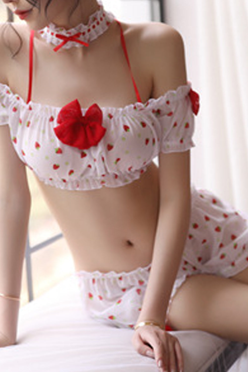 Women Bow Decorated Printed Style Elastic Waist Comfy Two Piece Lingerie