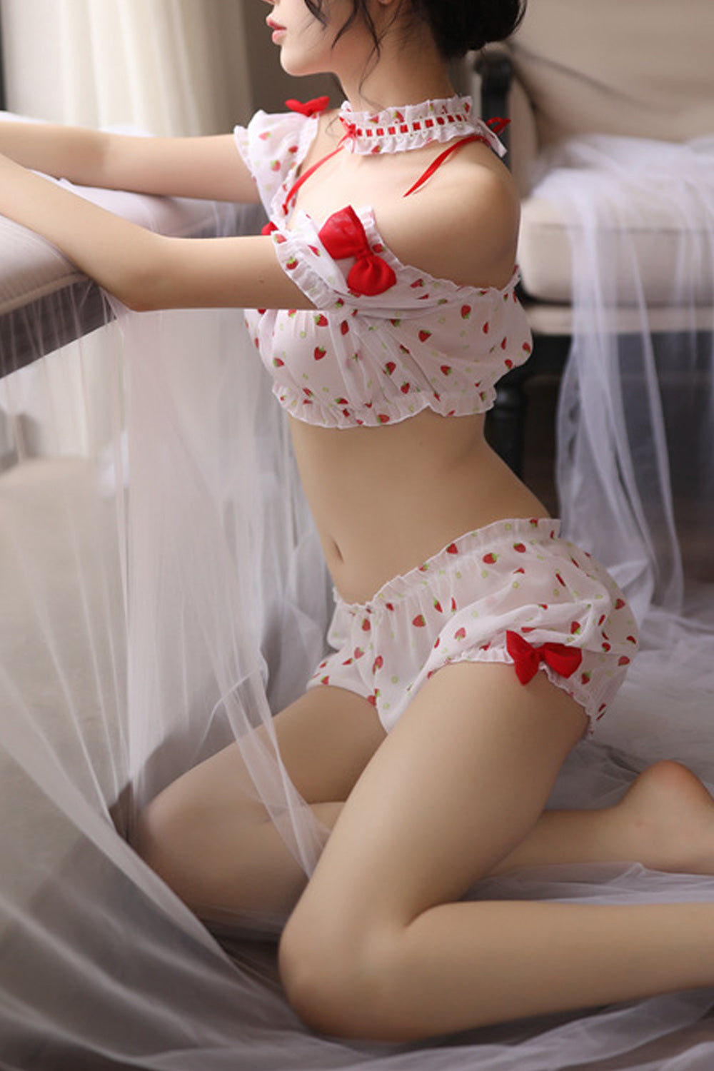 Women Bow Decorated Printed Style Elastic Waist Comfy Two Piece Lingerie