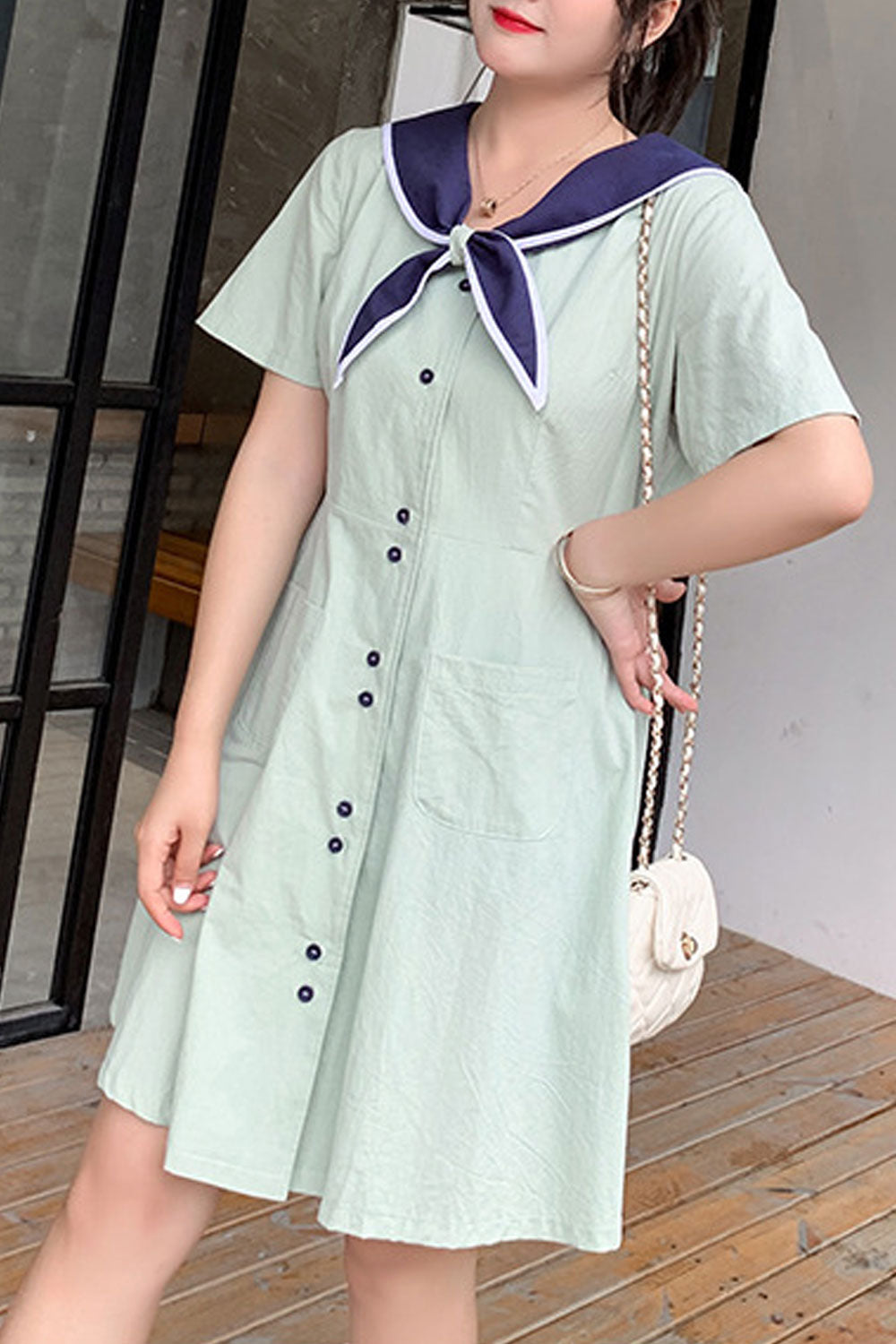 Women Plus Button Down Tie Neck Short Sleeve Dress