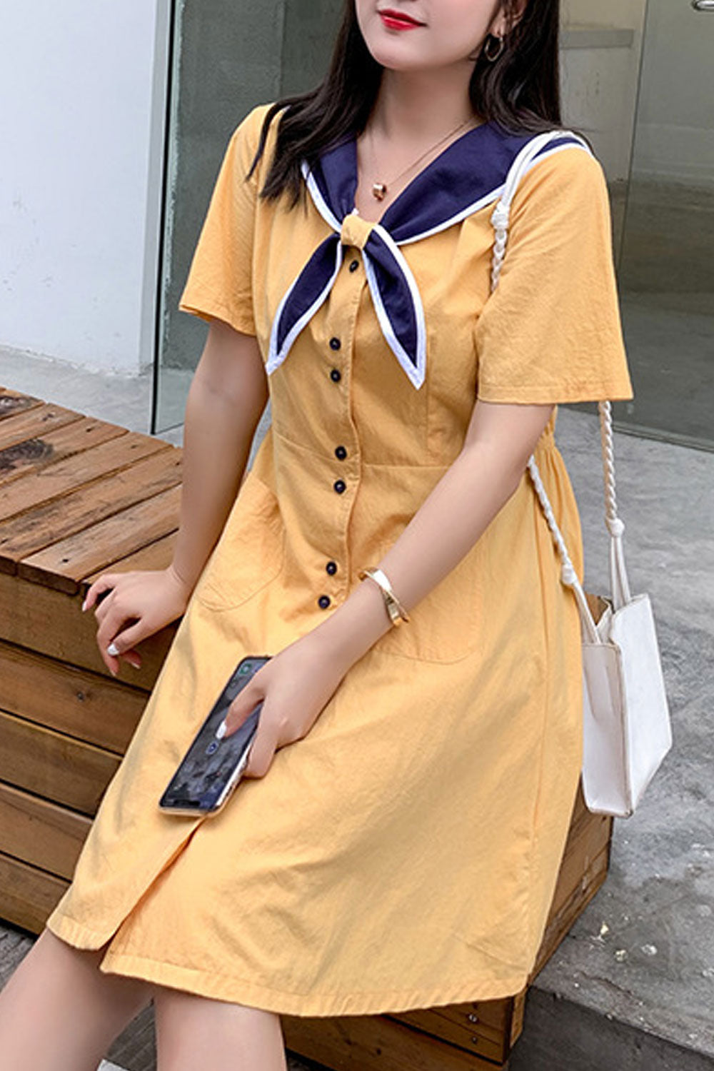 Women Plus Button Down Tie Neck Short Sleeve Dress