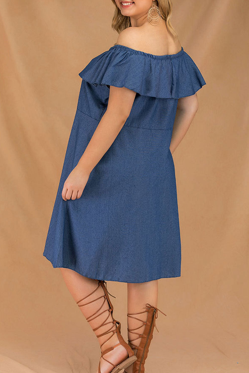 Women Plus Off Shoulder Button Down Pleated Denim Dress