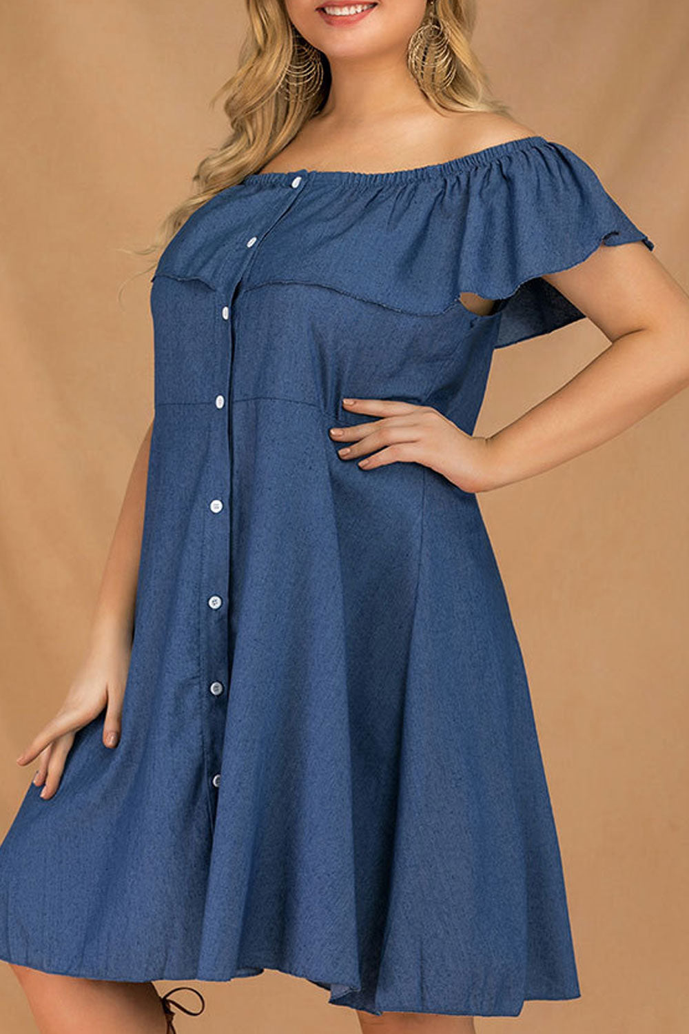 Women Plus Off Shoulder Button Down Pleated Denim Dress