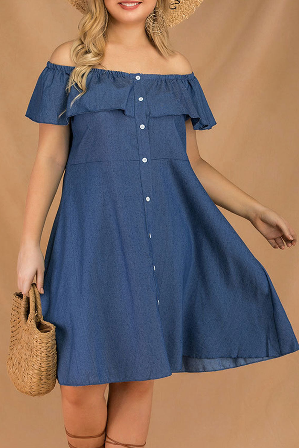 Women Plus Off Shoulder Button Down Pleated Denim Dress