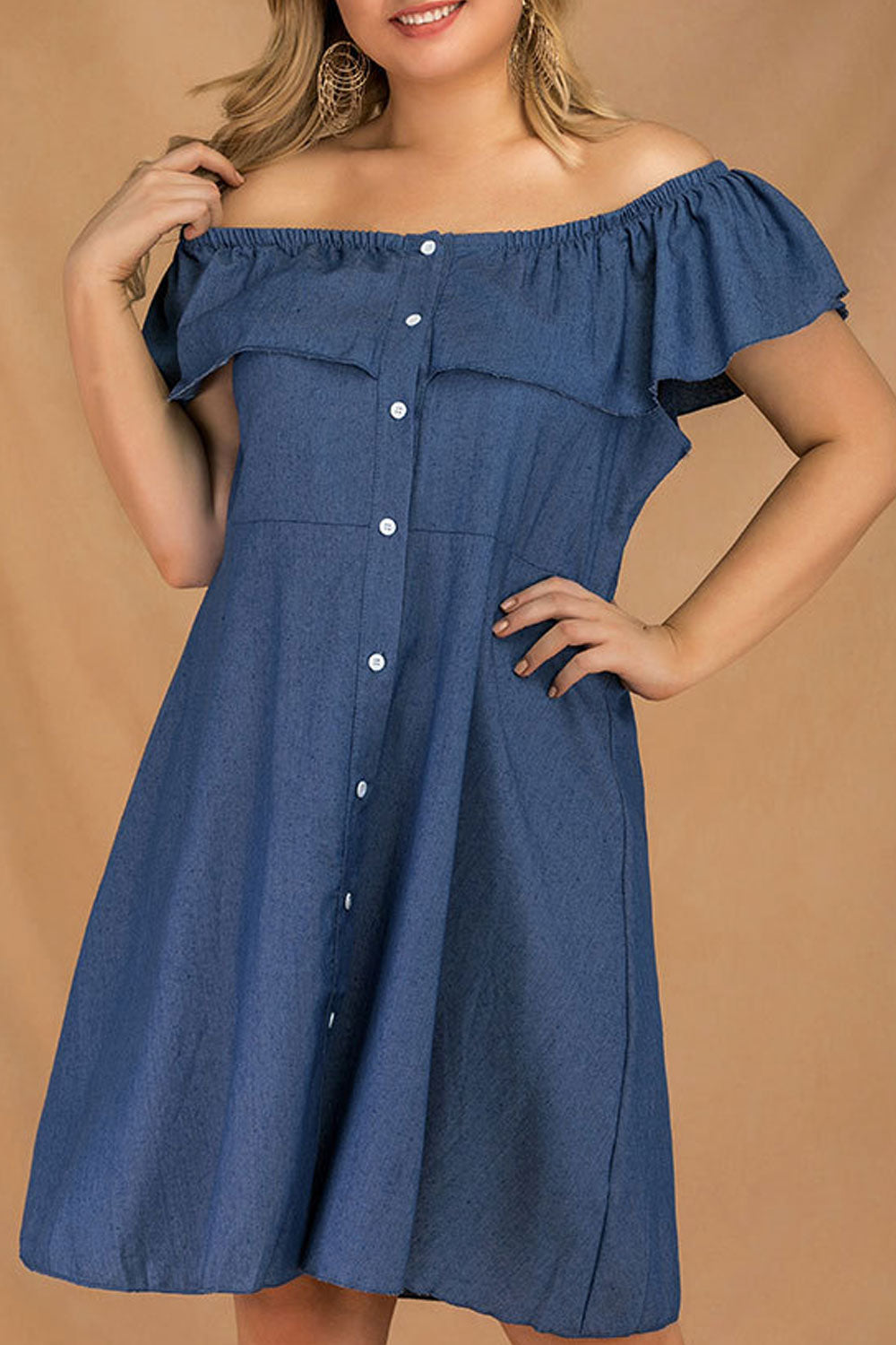 Women Plus Off Shoulder Button Down Pleated Denim Dress