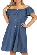 Women Plus Off Shoulder Button Down Pleated Denim Dress