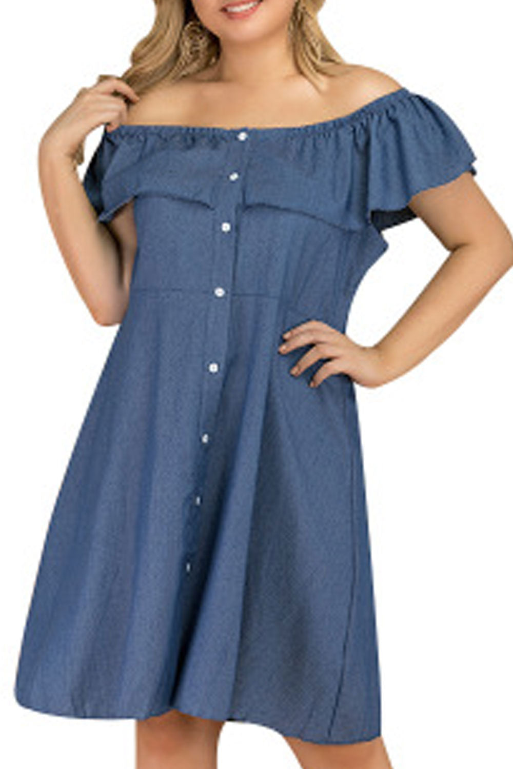 Women Plus Off Shoulder Button Down Pleated Denim Dress