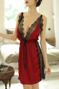 Women Lace Embroidered Strap Neck Solid Pattern Tie Waist Lingerie